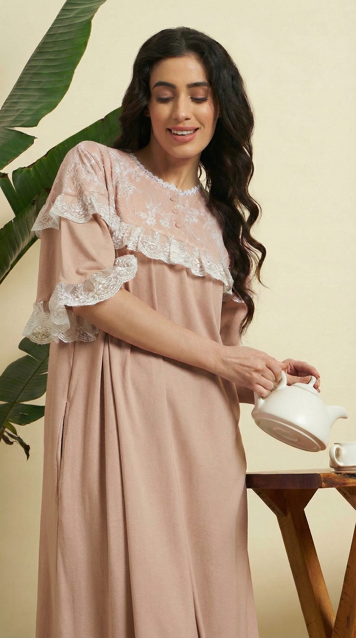 Beige cotton maxi nightgown with floral lace yoke, manufactured by Sephani in Delhi for wholesale export