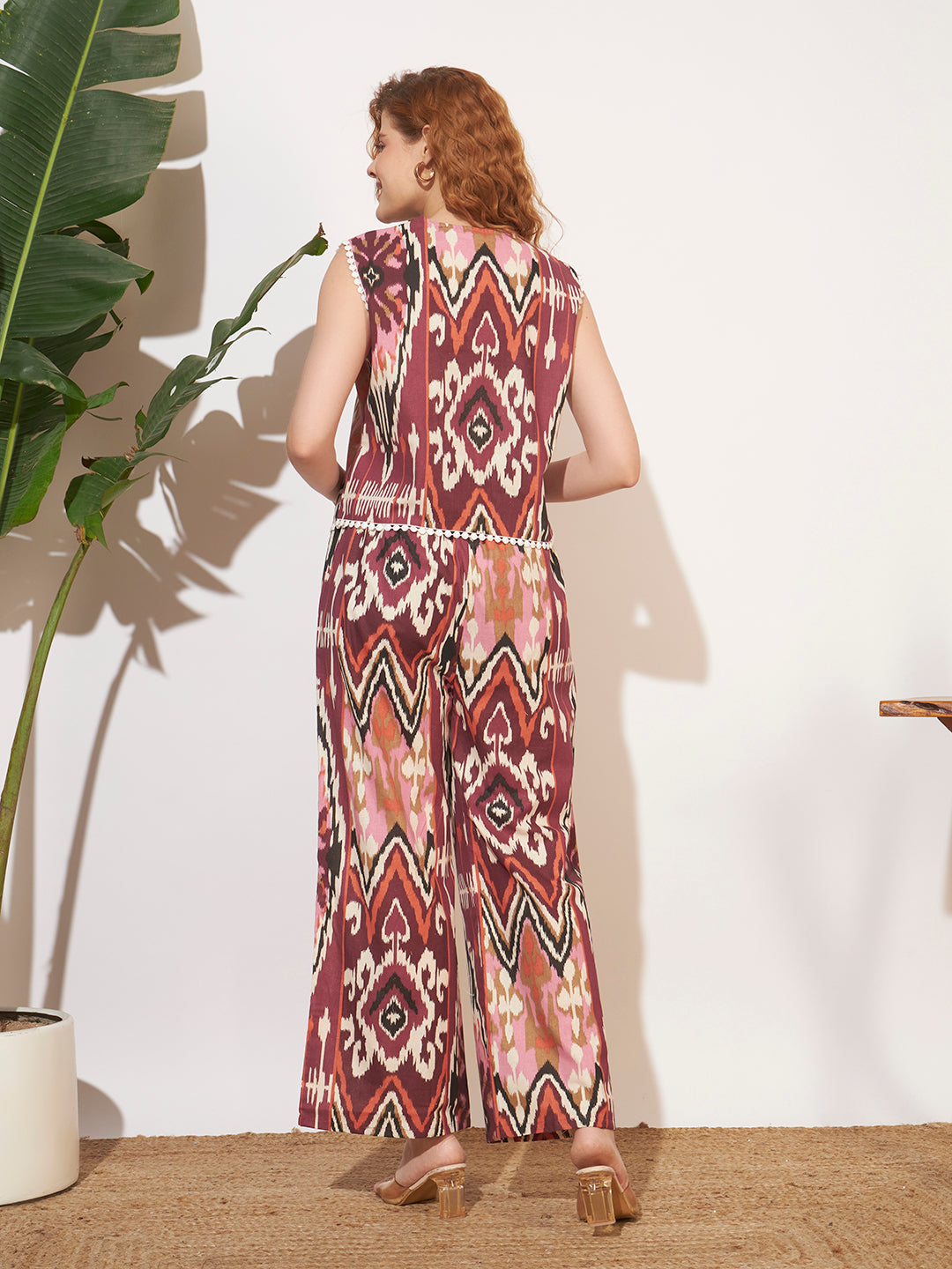 Women’s Maroon Ikat Printed Sleeveless Co-Ord Set