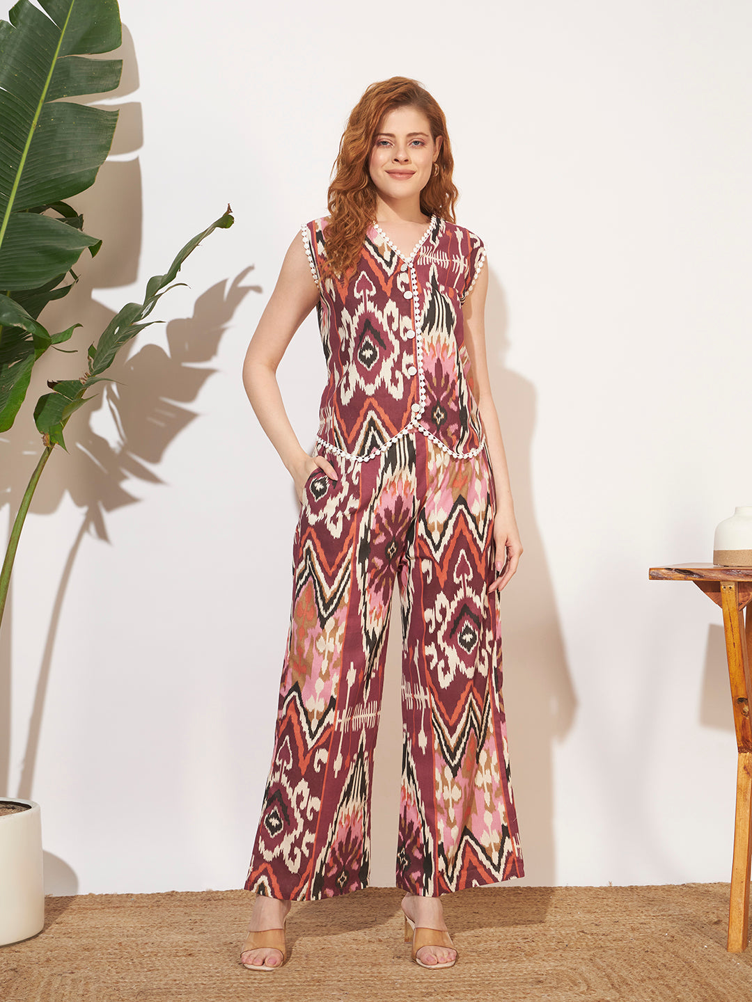 Women’s Maroon Ikat Printed Sleeveless Co-Ord Set