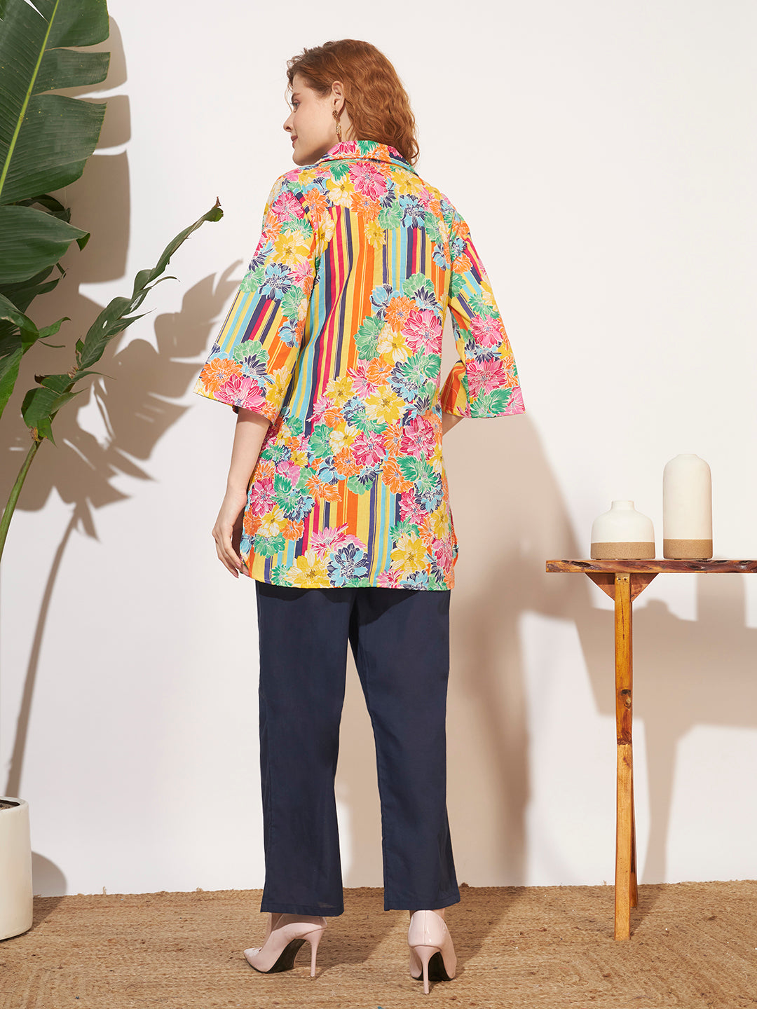 Women’s Multicolor Floral & Stripe Shirt Style Co-Ord Set