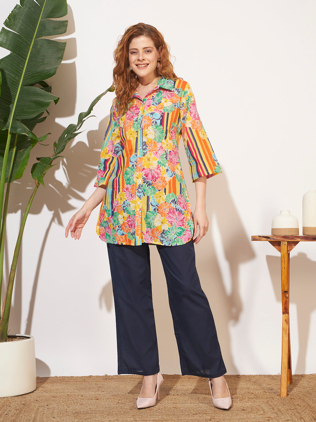 Women’s Multicolor Floral & Stripe Shirt Style Co-Ord Set