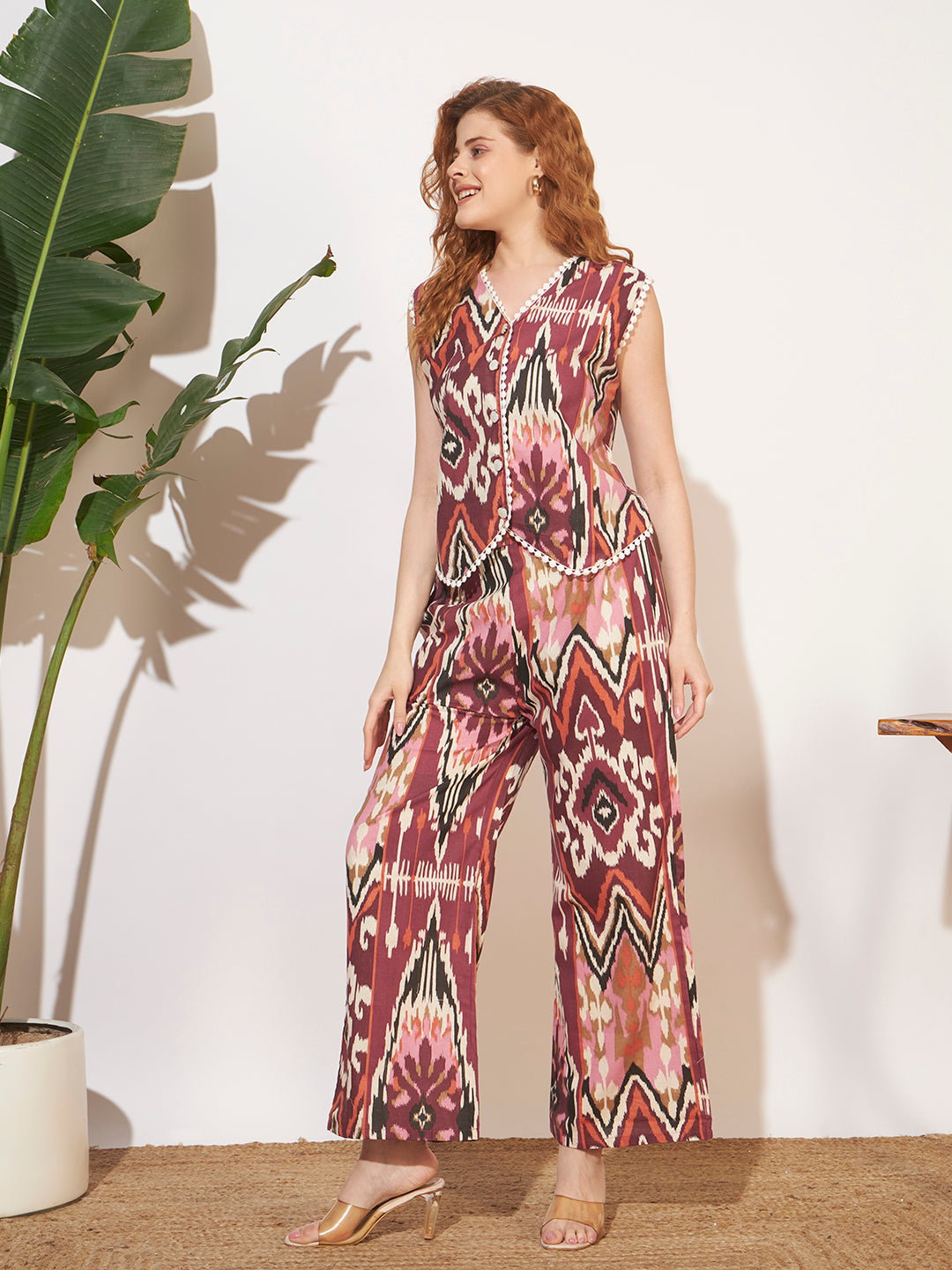 Women’s Maroon Ikat Printed Sleeveless Co-Ord Set