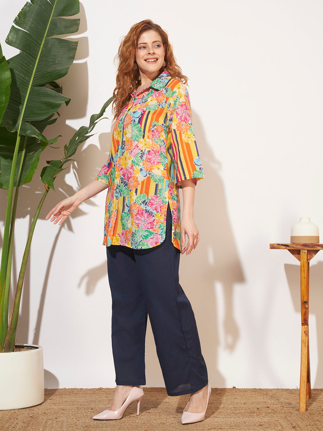 Women’s Multicolor Floral & Stripe Shirt Style Co-Ord Set