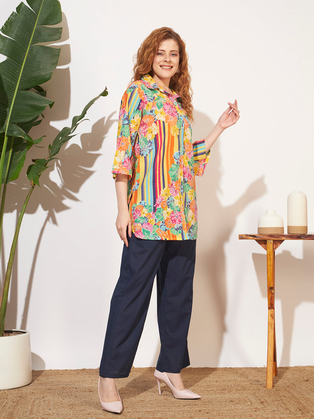 Women’s Multicolor Floral & Stripe Shirt Style Co-Ord Set