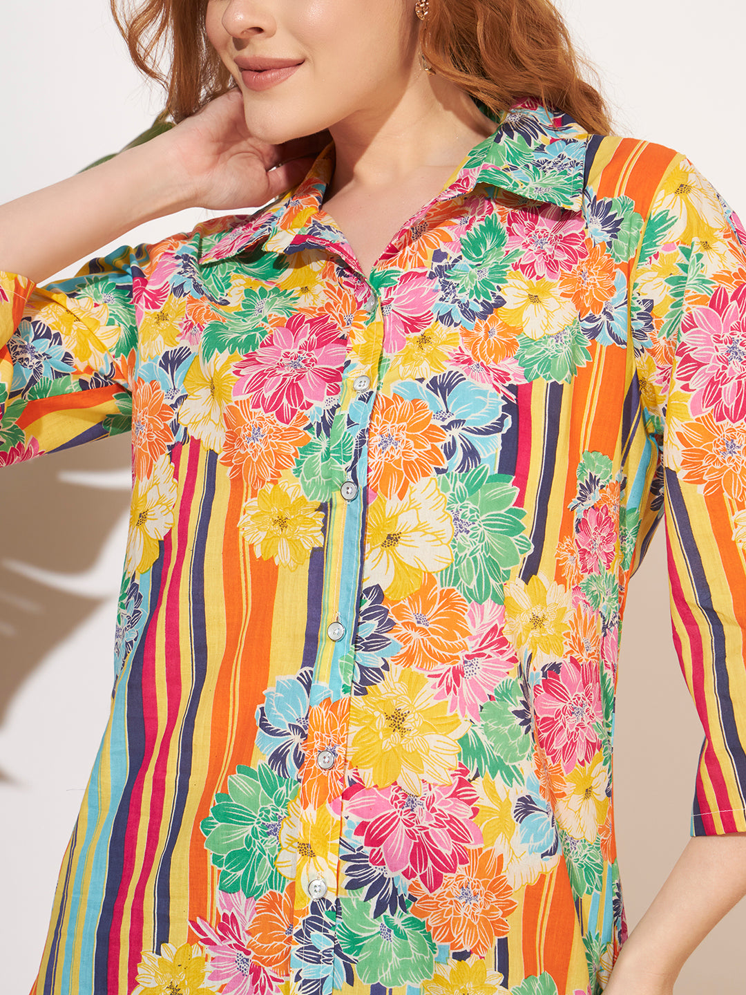 Women’s Multicolor Floral & Stripe Shirt Style Co-Ord Set