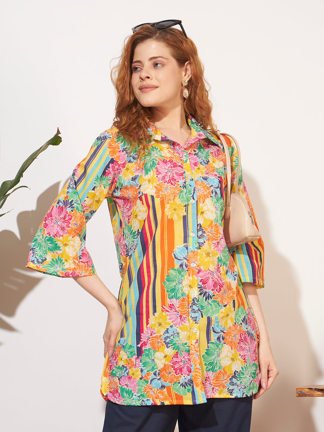 Women’s Multicolor Floral & Stripe Shirt Style Co-Ord Set