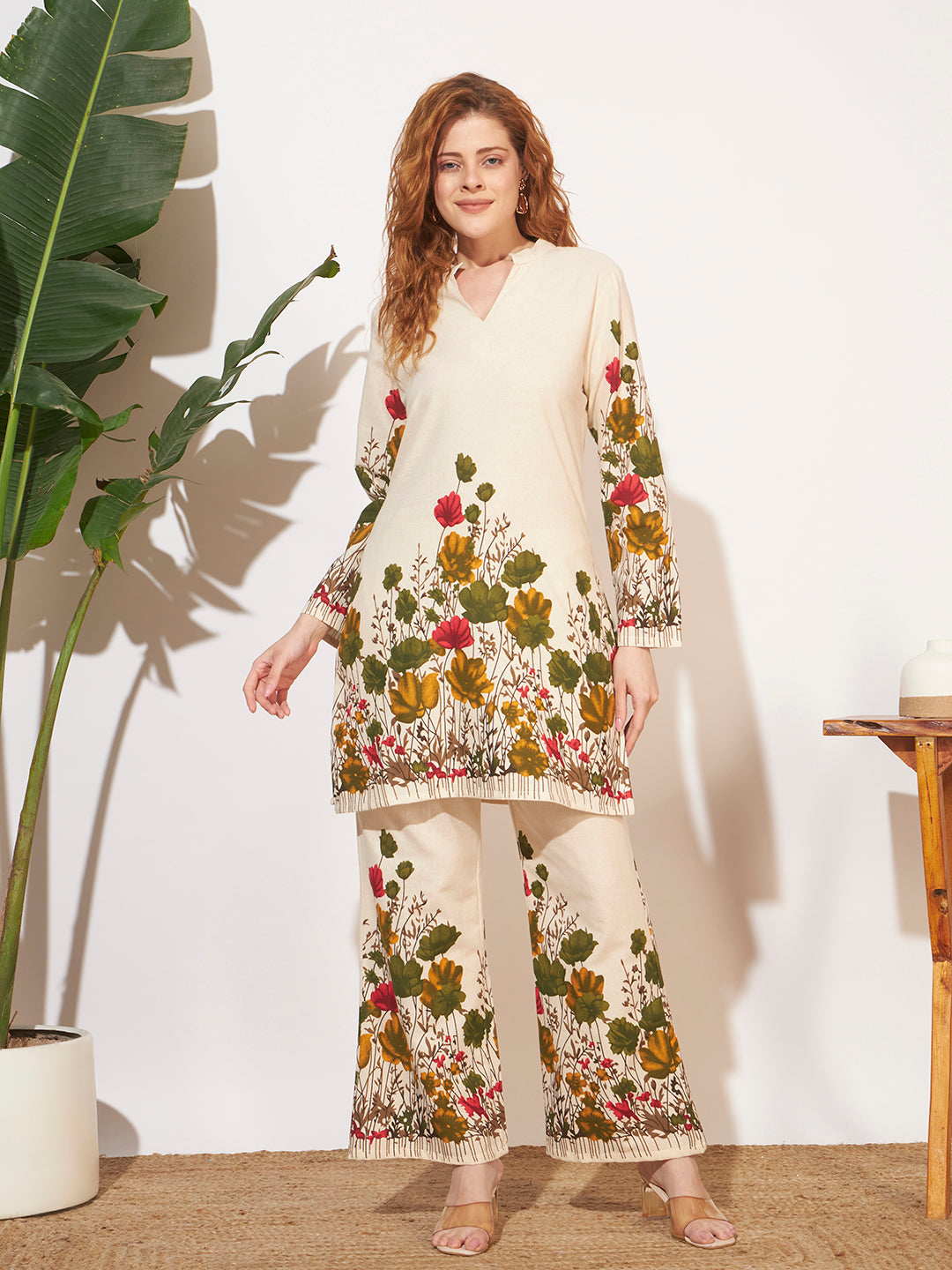 Women’s Cream Floral Printed Full Sleeve Co-Ord Set