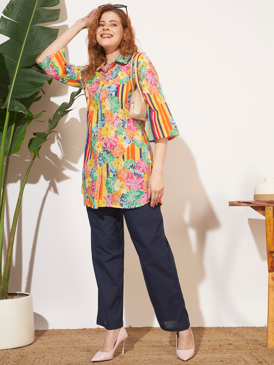 Women’s Multicolor Floral & Stripe Shirt Style Co-Ord Set