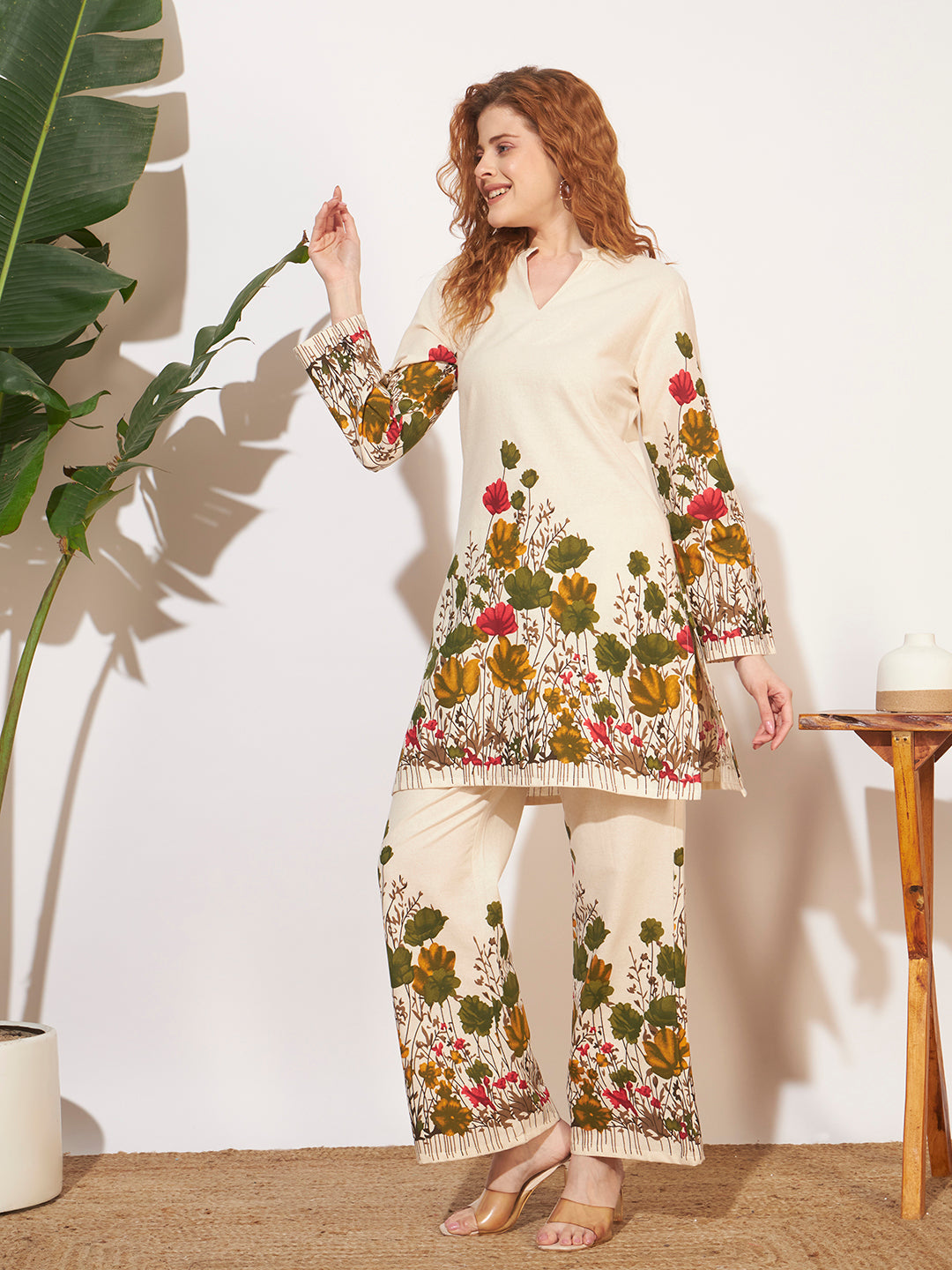 Women’s Cream Floral Printed Full Sleeve Co-Ord Set