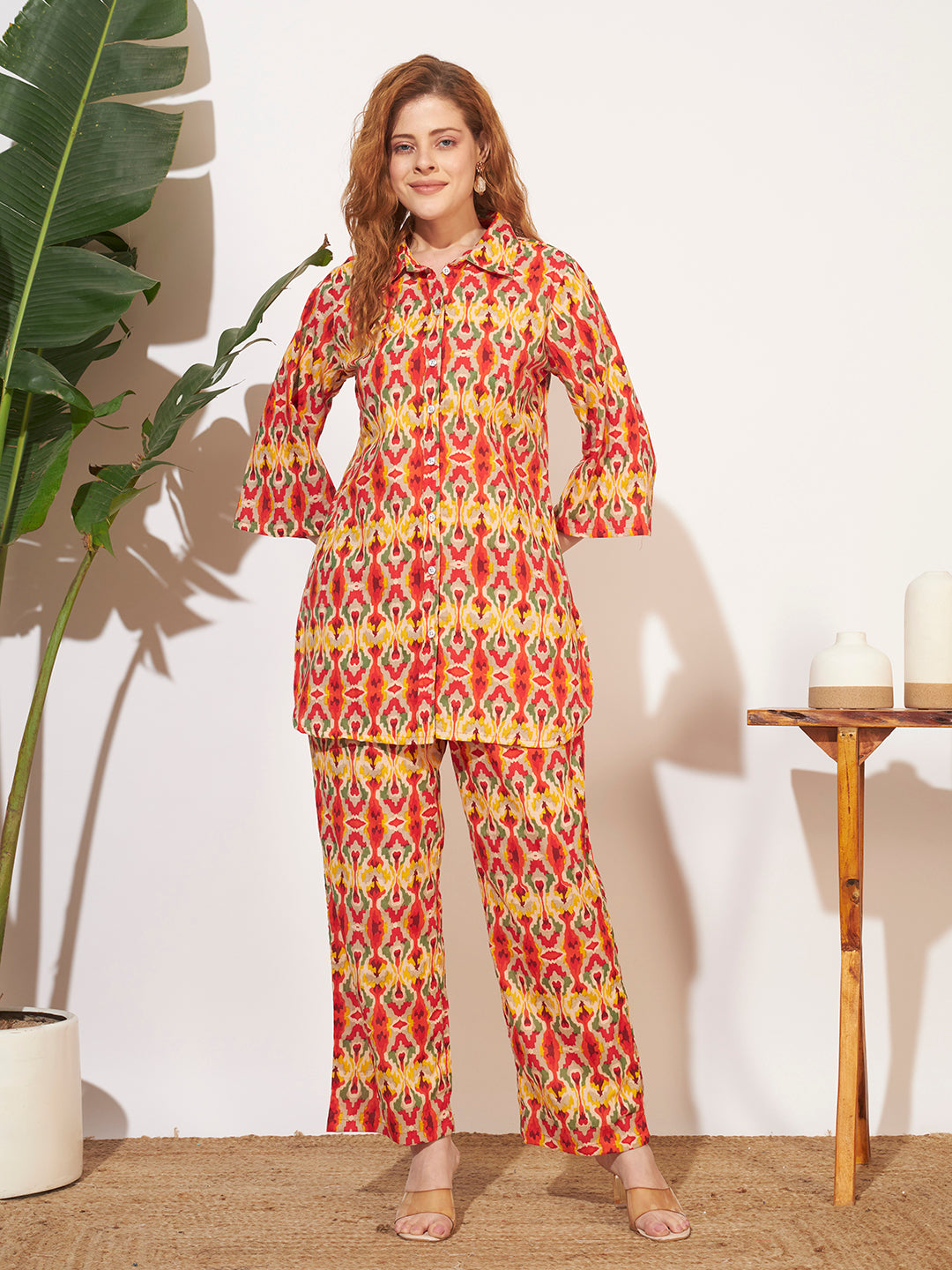 Women’s Multicolor Ikat Printed Shirt Style Co-Ord Set