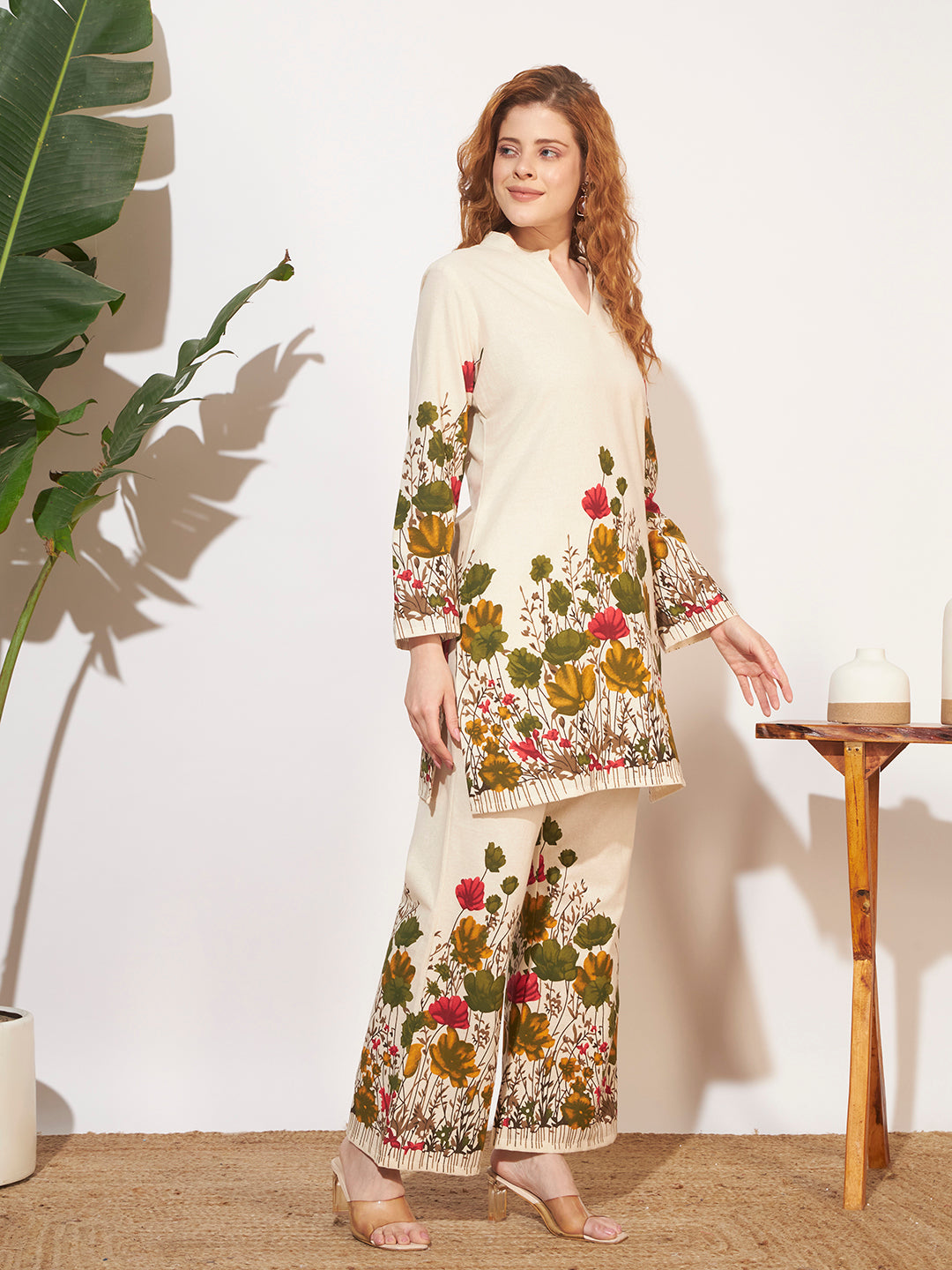 Women’s Cream Floral Printed Full Sleeve Co-Ord Set