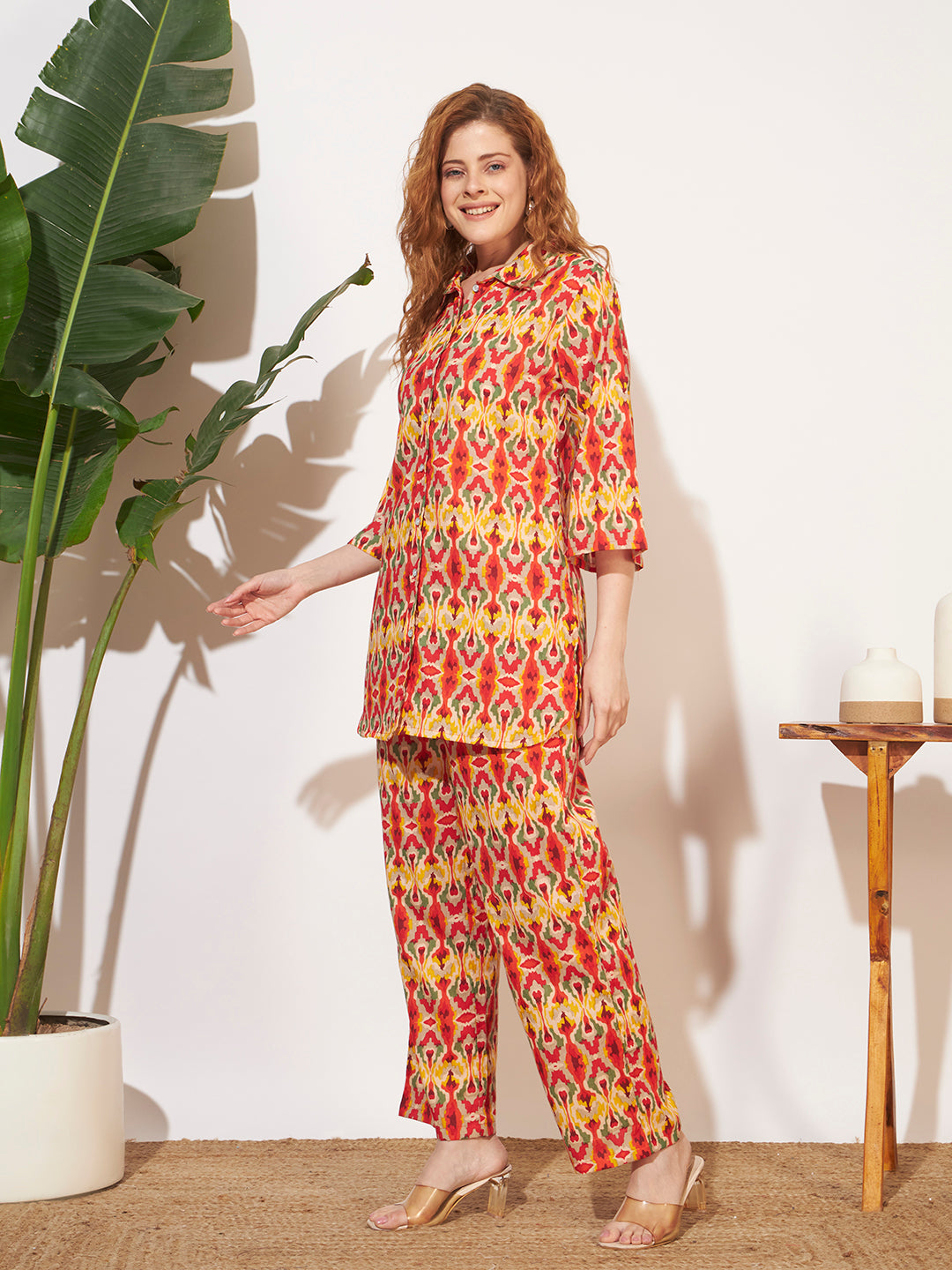 Women’s Multicolor Ikat Printed Shirt Style Co-Ord Set