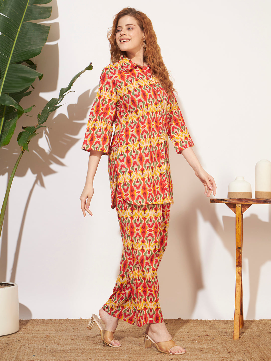 Women’s Multicolor Ikat Printed Shirt Style Co-Ord Set
