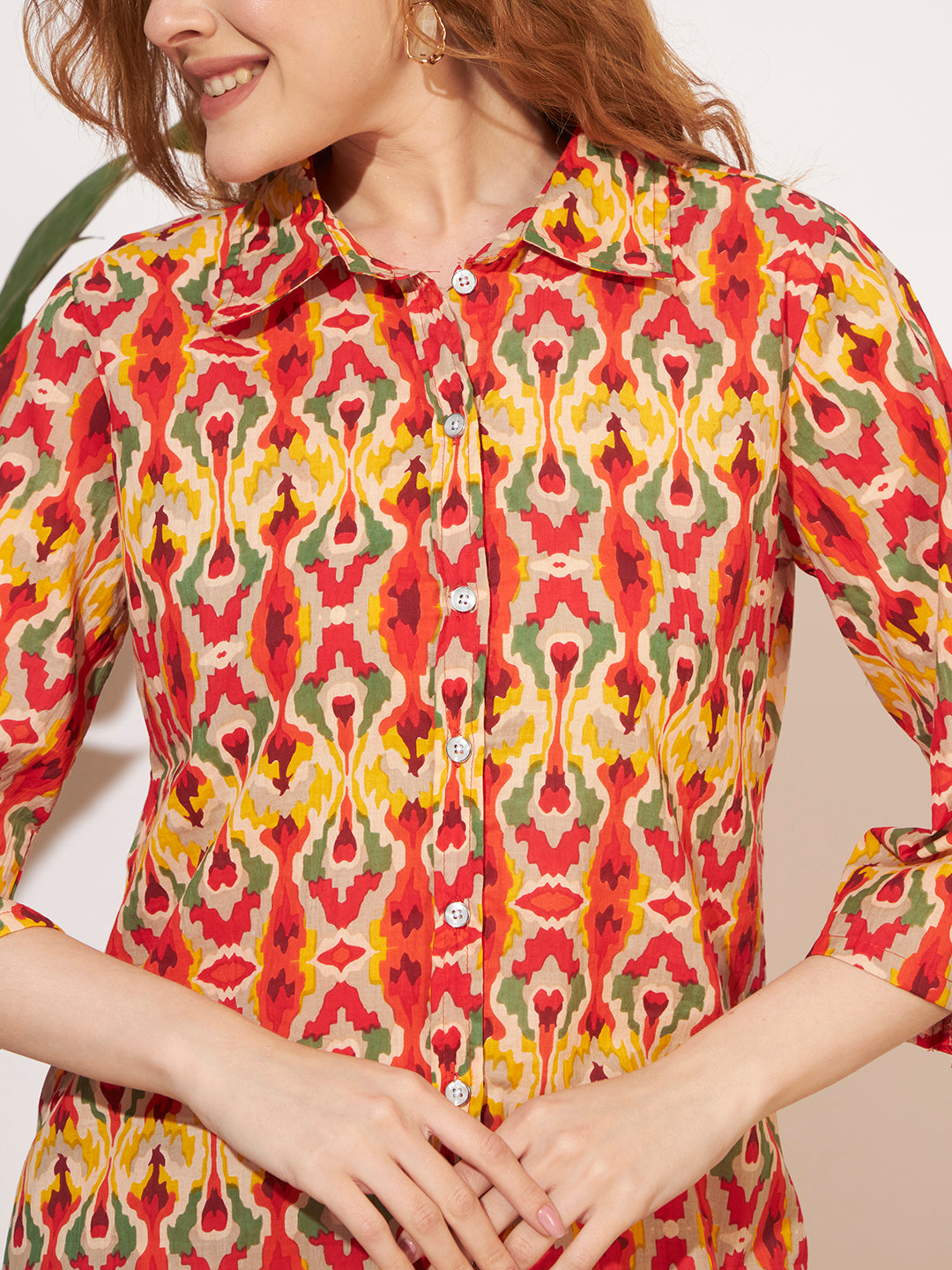 Women’s Multicolor Ikat Printed Shirt Style Co-Ord Set