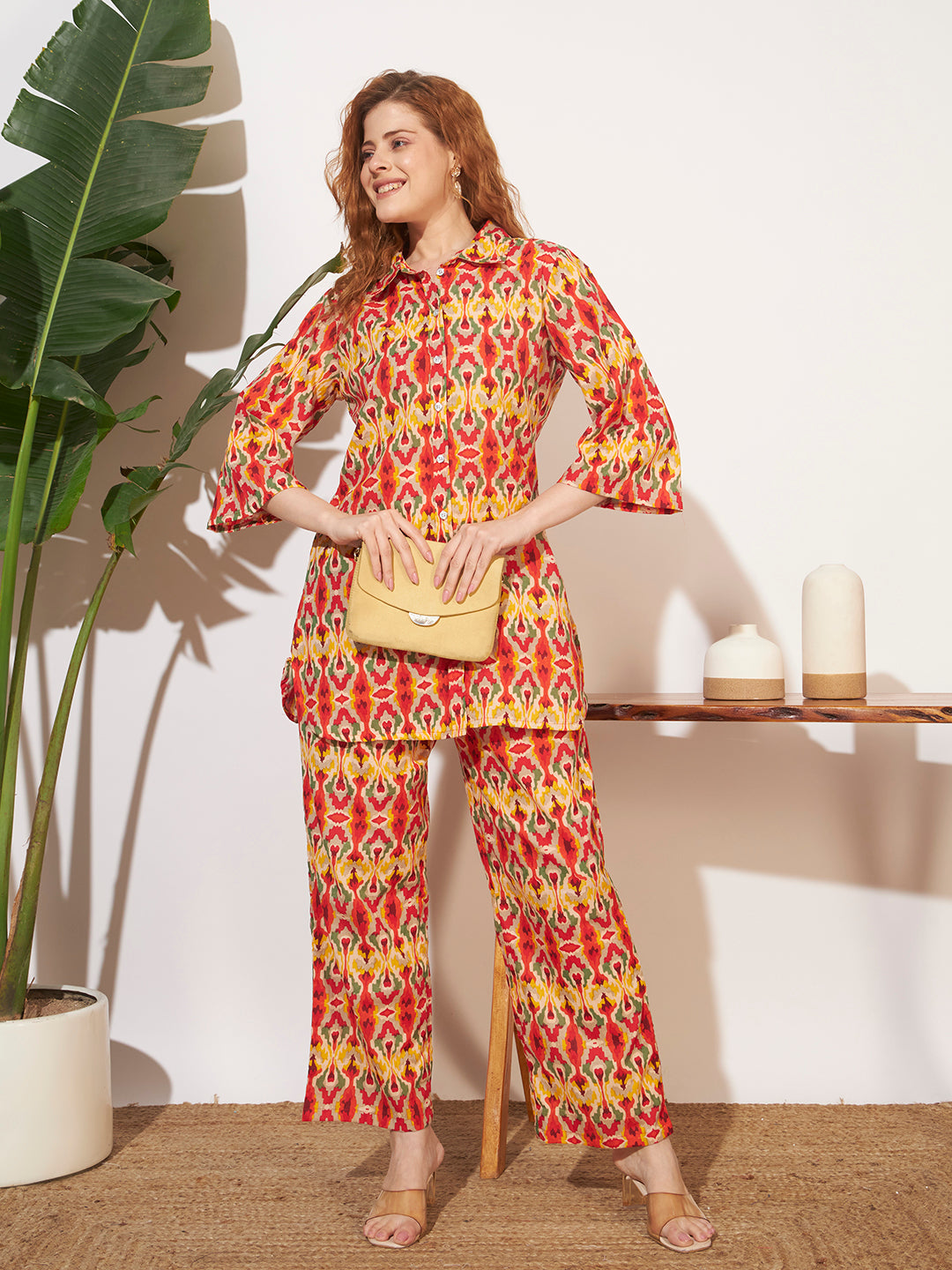 Women’s Multicolor Ikat Printed Shirt Style Co-Ord Set