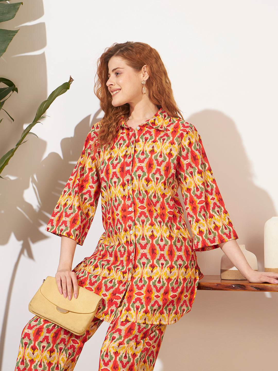 Women’s Multicolor Ikat Printed Shirt Style Co-Ord Set
