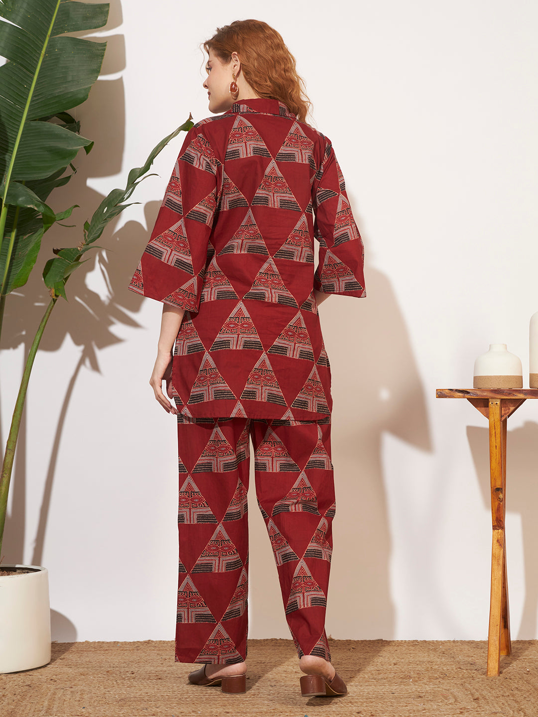 Women’s Maroon Geometric Printed Shirt Style Co-Ord Set