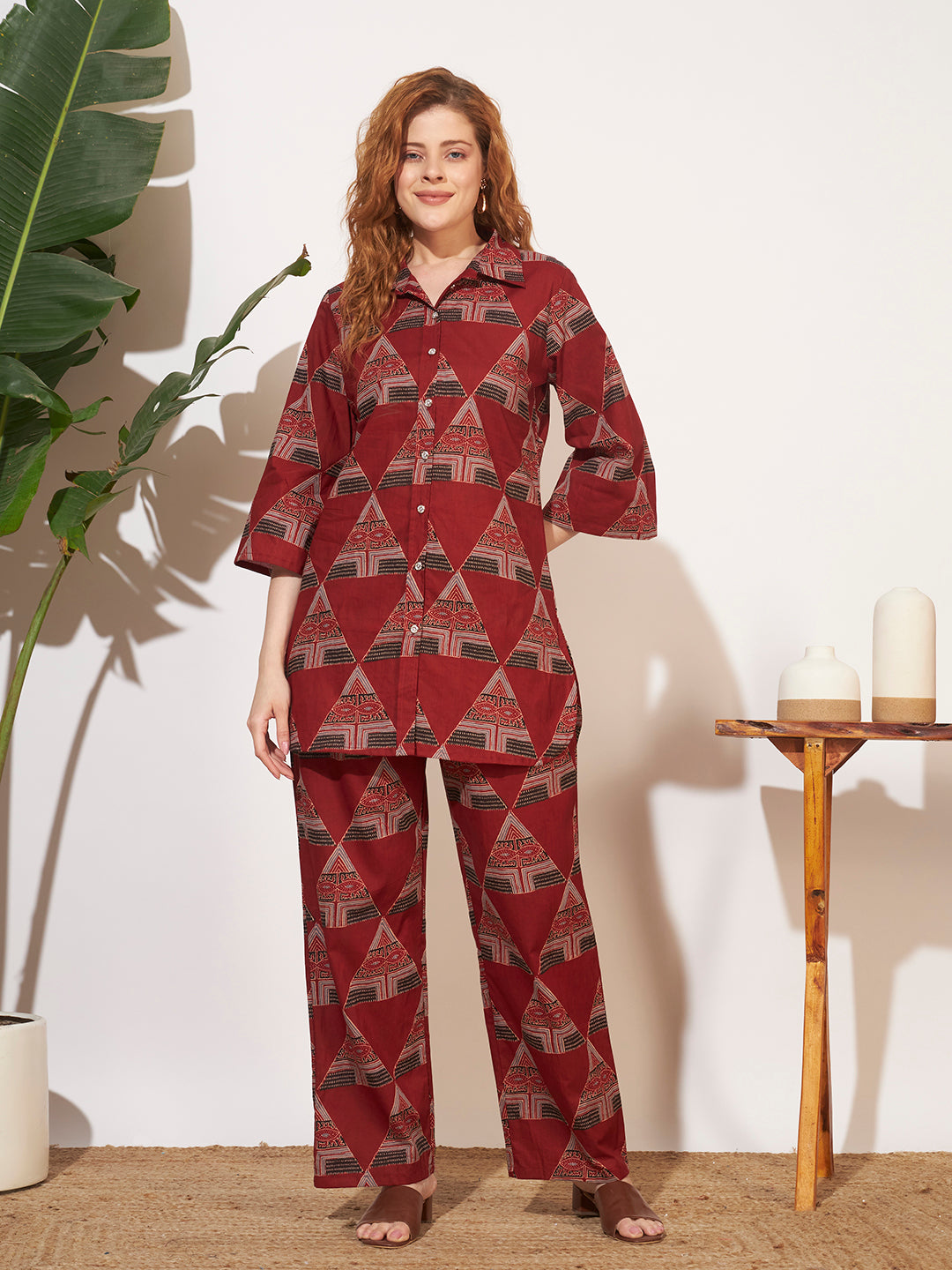 Women’s Maroon Geometric Printed Shirt Style Co-Ord Set