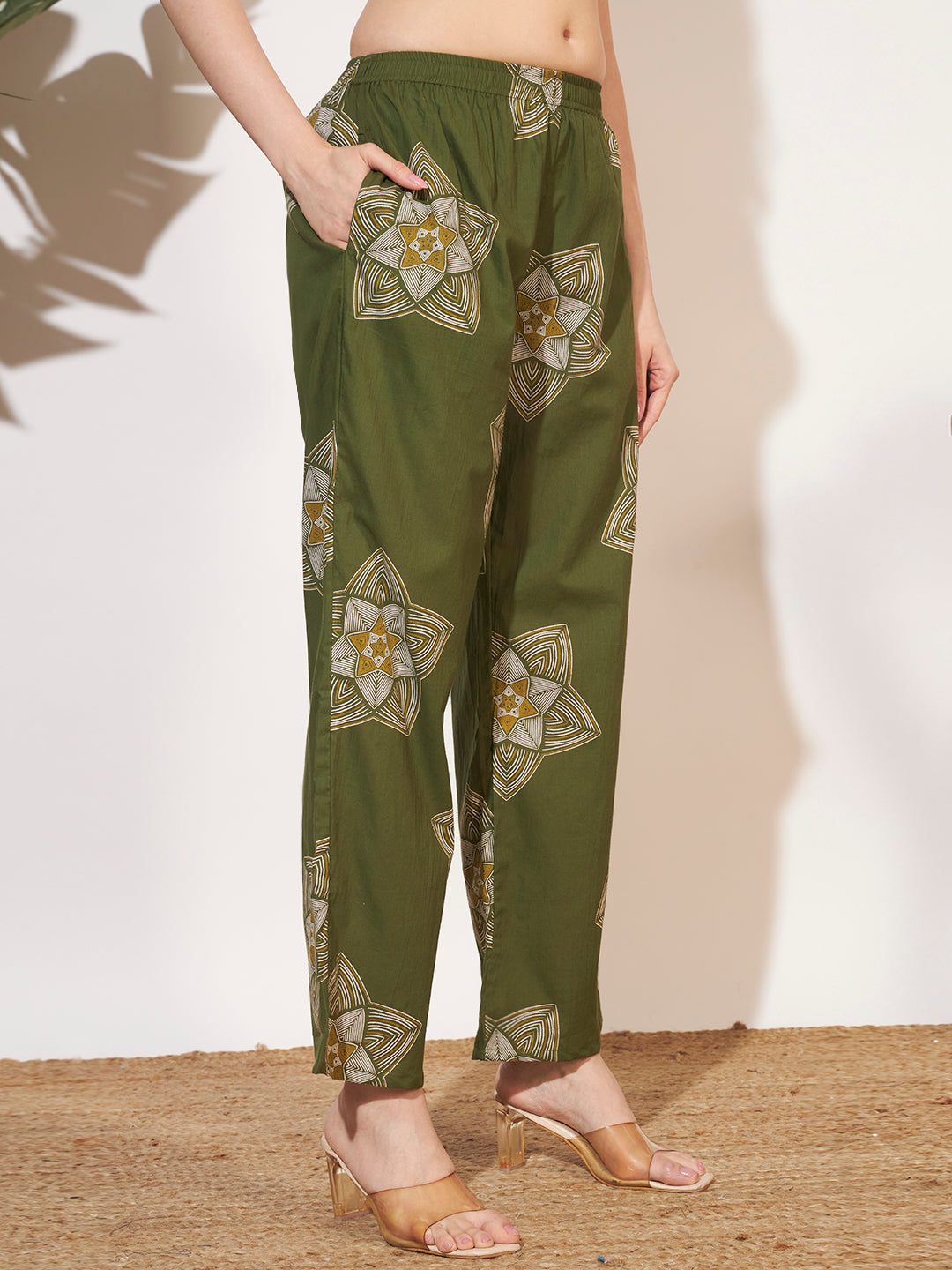 Women’s Olive Green Printed Shirt Style Co-Ord Set