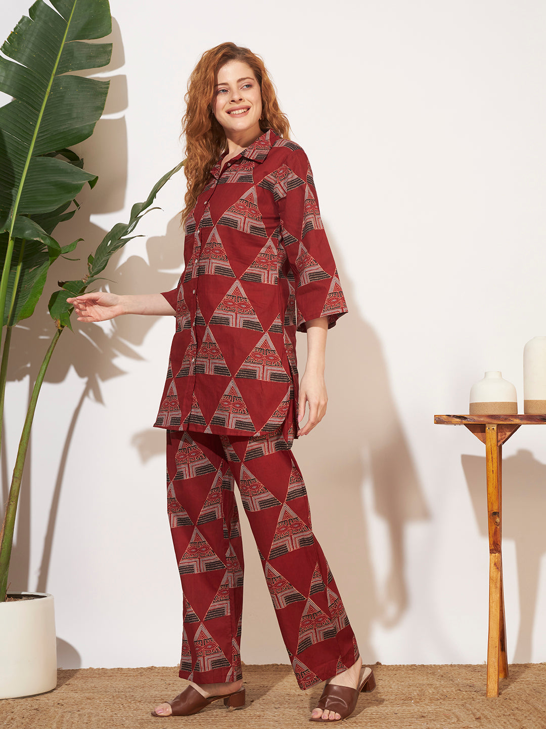 Women’s Maroon Geometric Printed Shirt Style Co-Ord Set