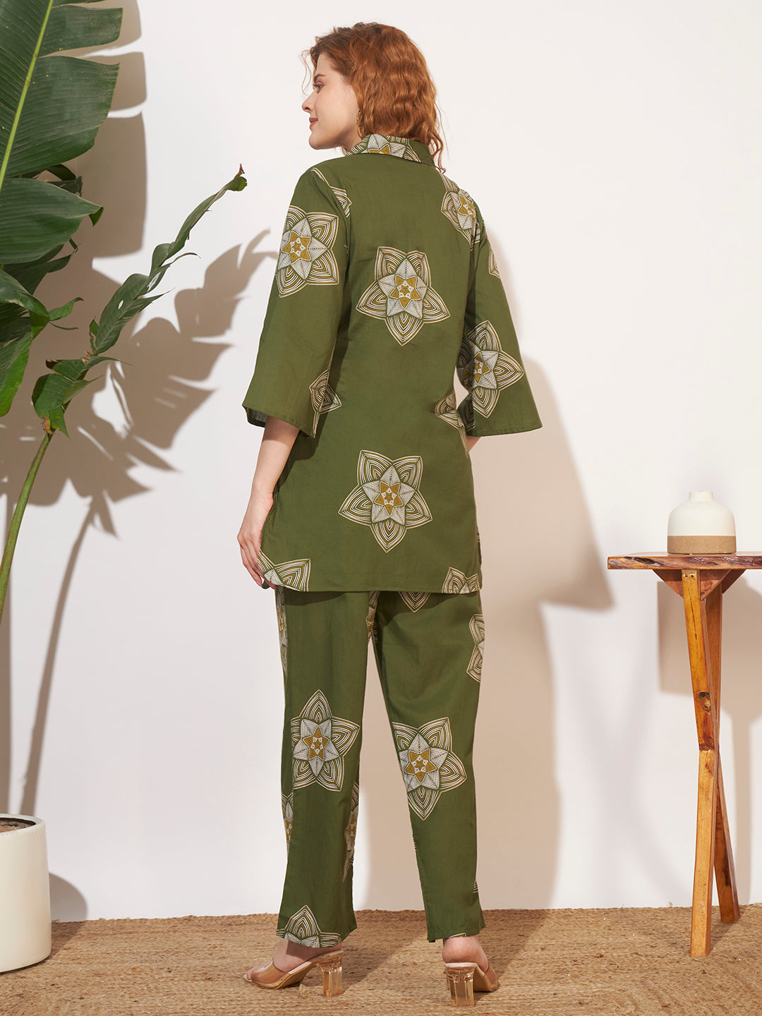 Women’s Olive Green Printed Shirt Style Co-Ord Set