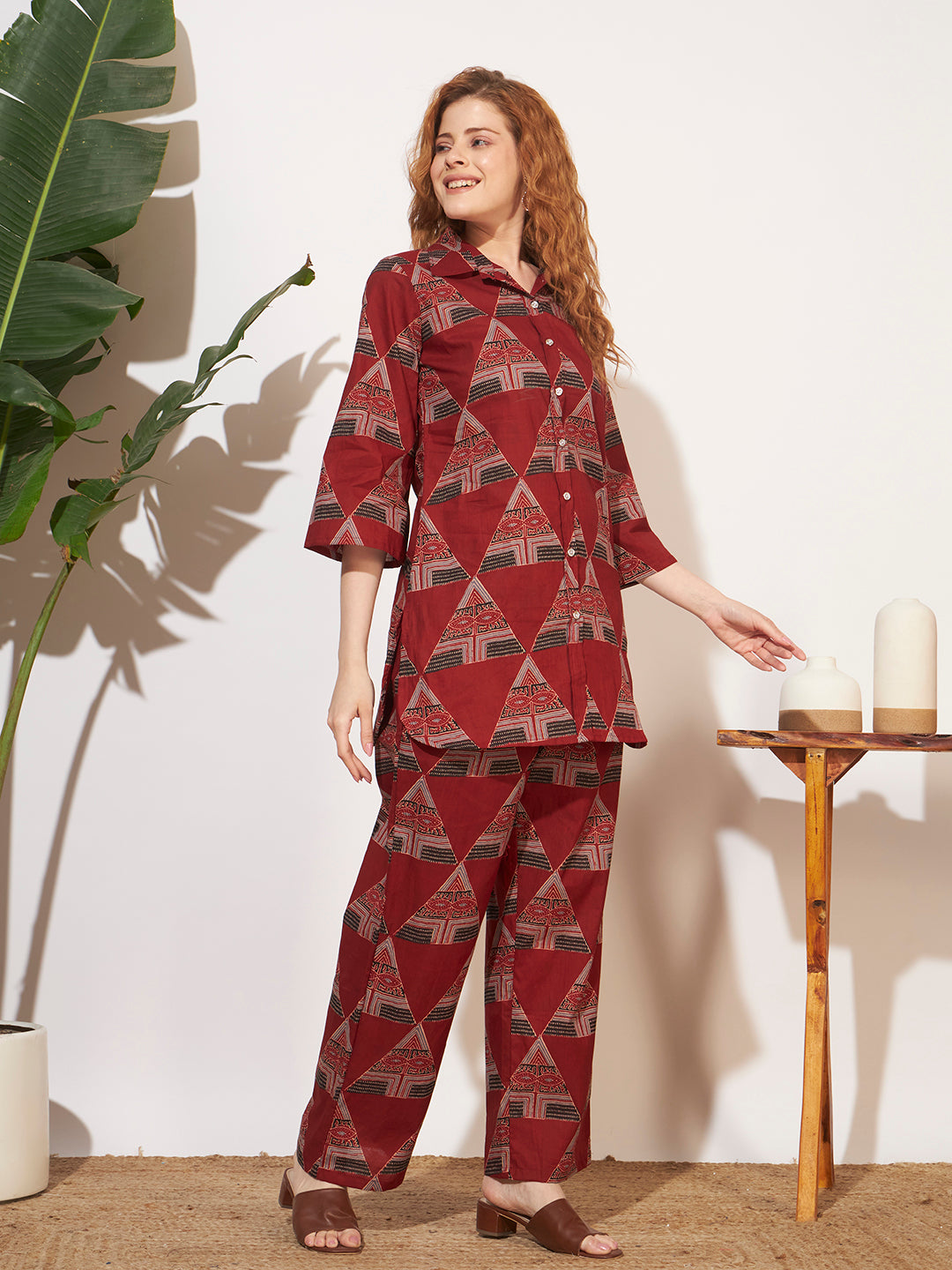 Women’s Maroon Geometric Printed Shirt Style Co-Ord Set