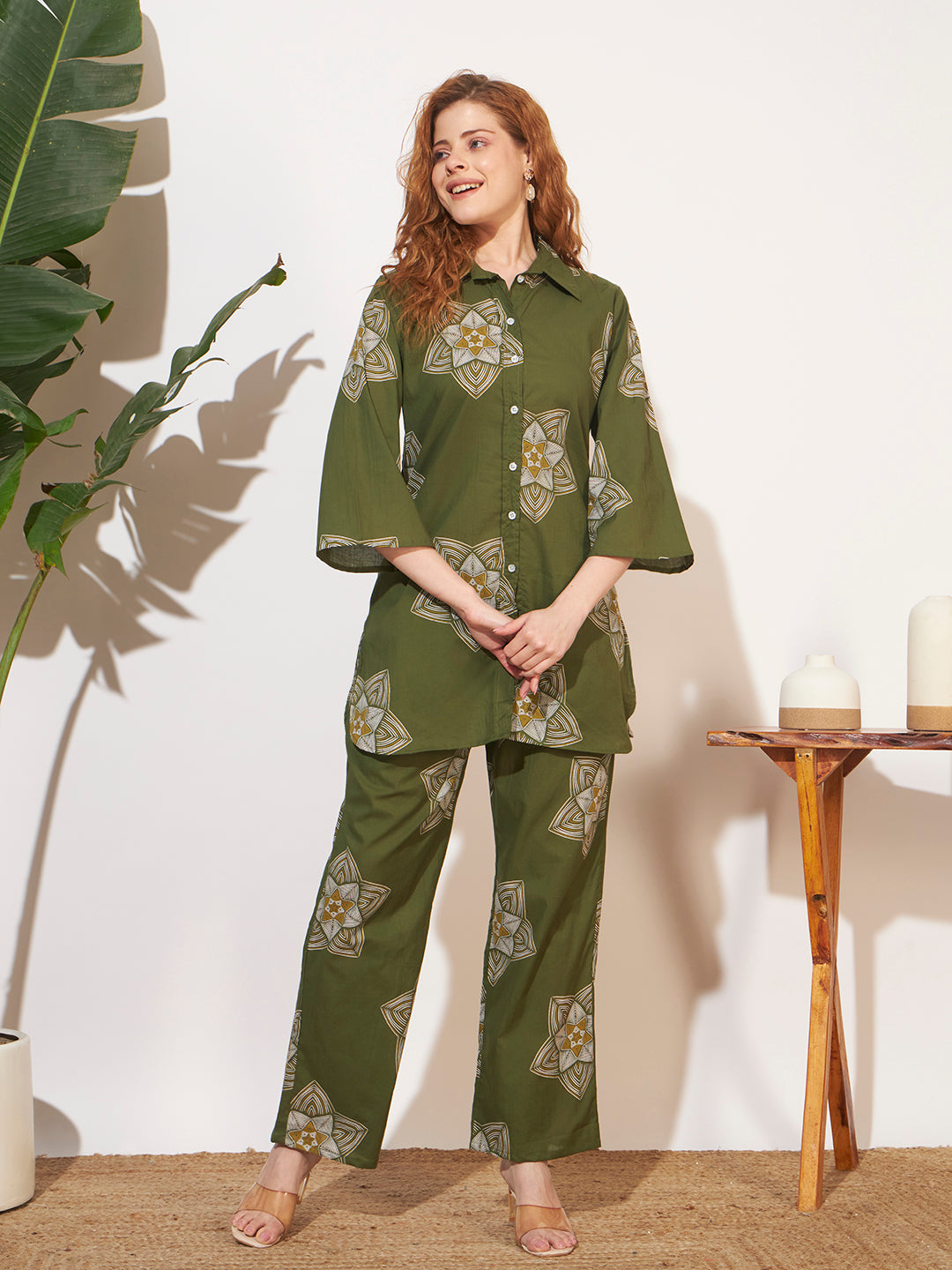Women’s Olive Green Printed Shirt Style Co-Ord Set
