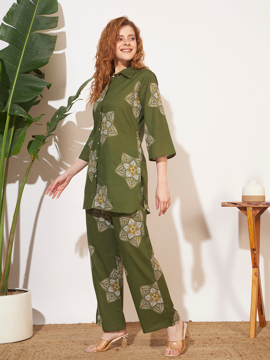 Women’s Olive Green Printed Shirt Style Co-Ord Set