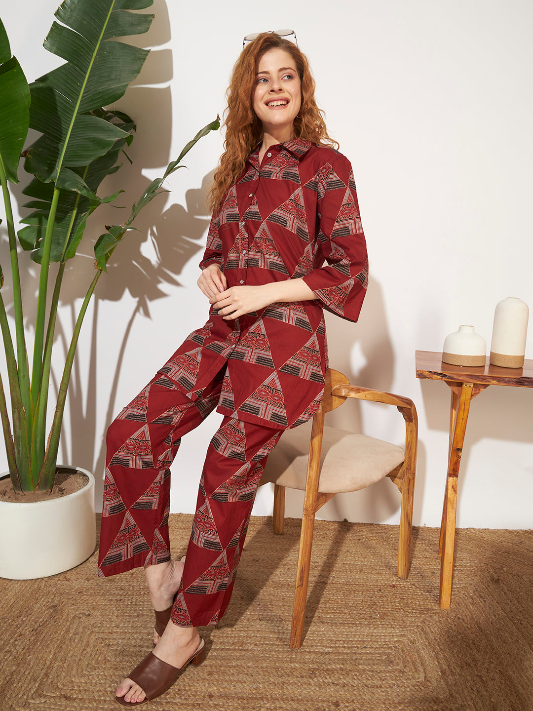 Women’s Maroon Geometric Printed Shirt Style Co-Ord Set