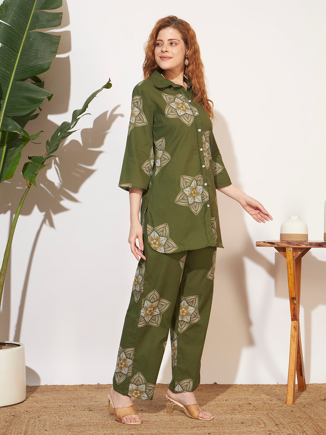 Women’s Olive Green Printed Shirt Style Co-Ord Set