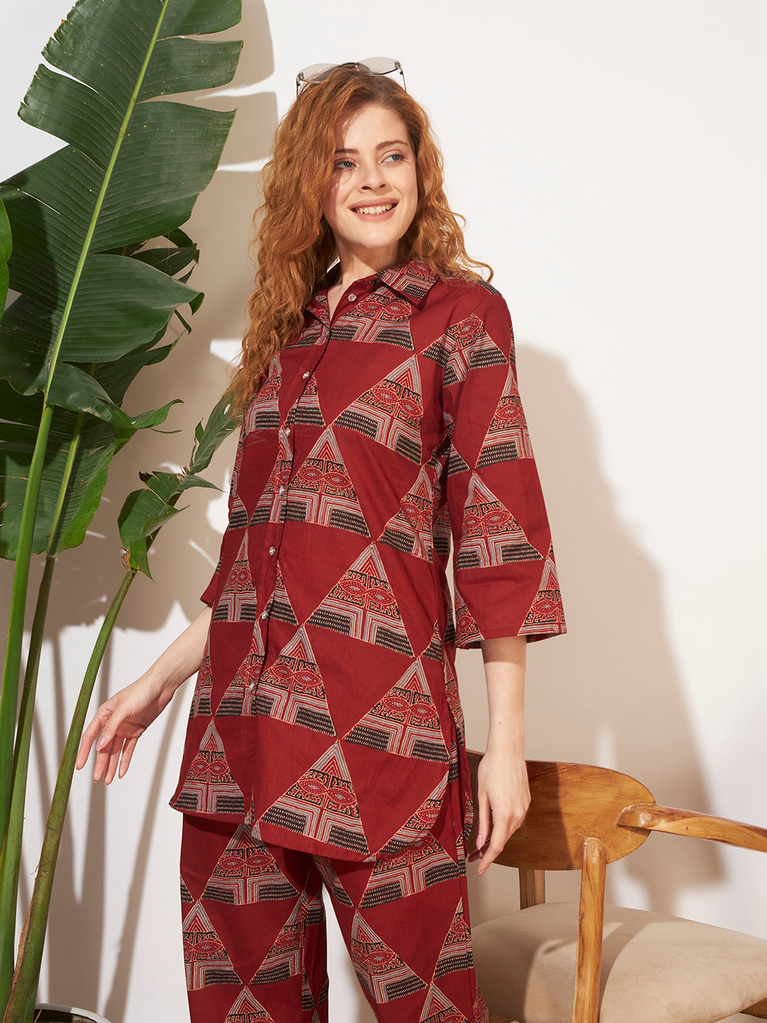 Women’s Maroon Geometric Printed Shirt Style Co-Ord Set