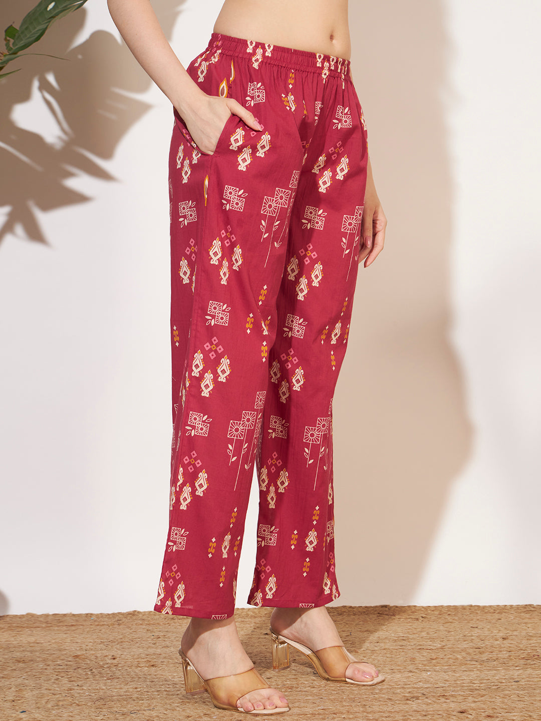 Women’s Maroon Ethnic Print Shirt Style Co-Ord Set