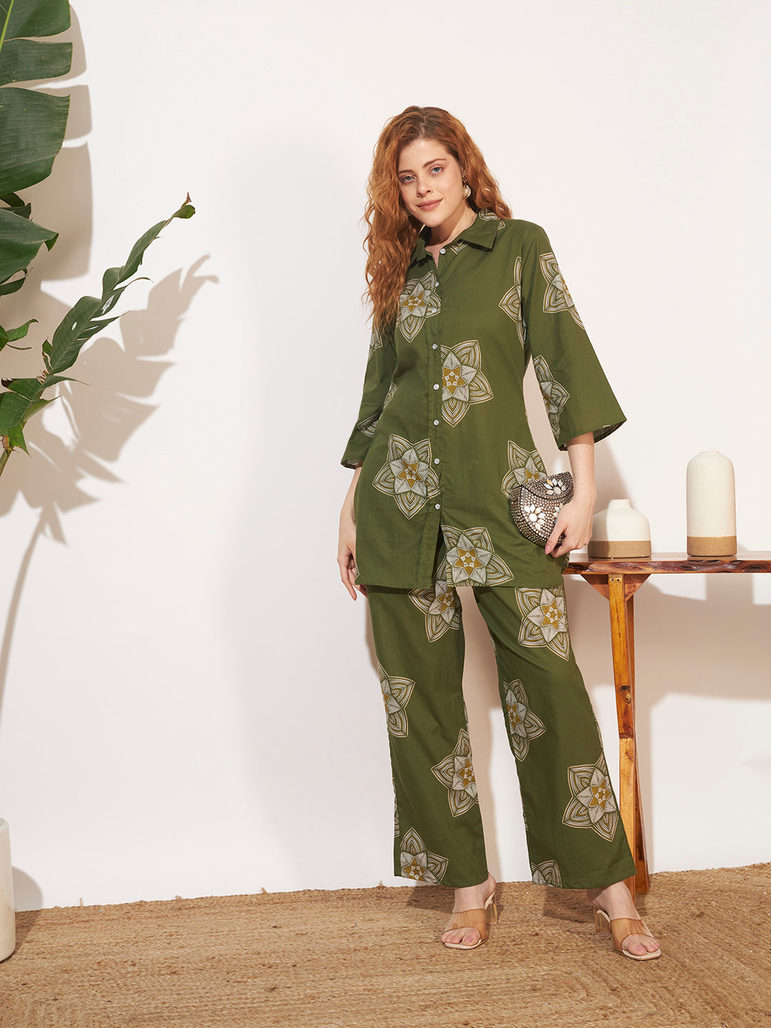 Women’s Olive Green Printed Shirt Style Co-Ord Set