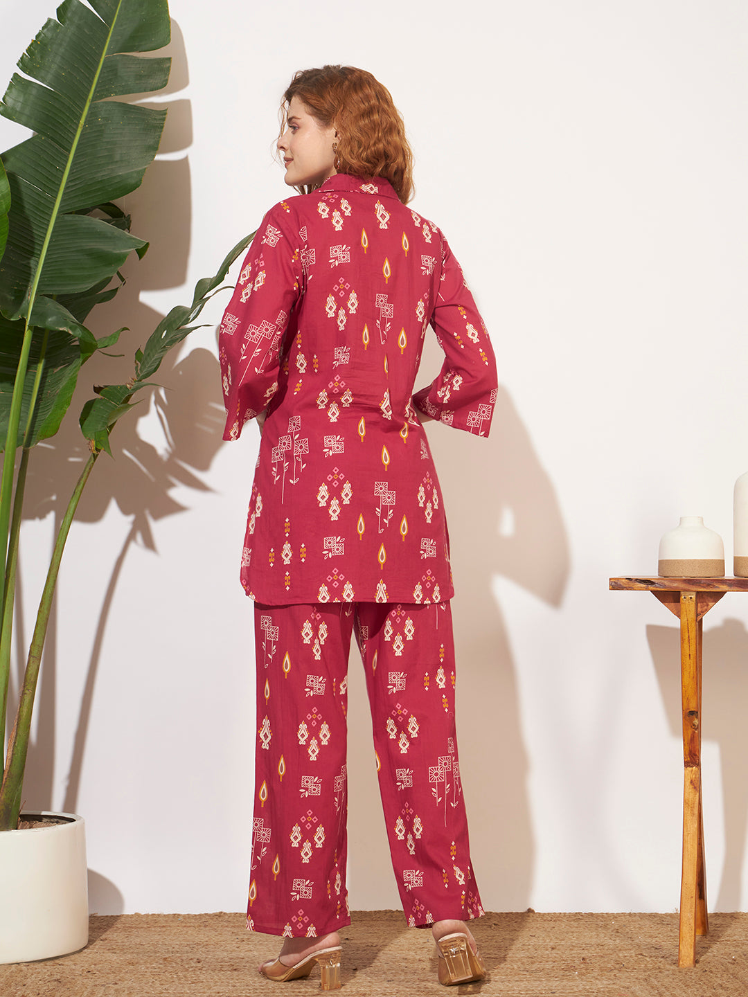 Women’s Maroon Ethnic Print Shirt Style Co-Ord Set