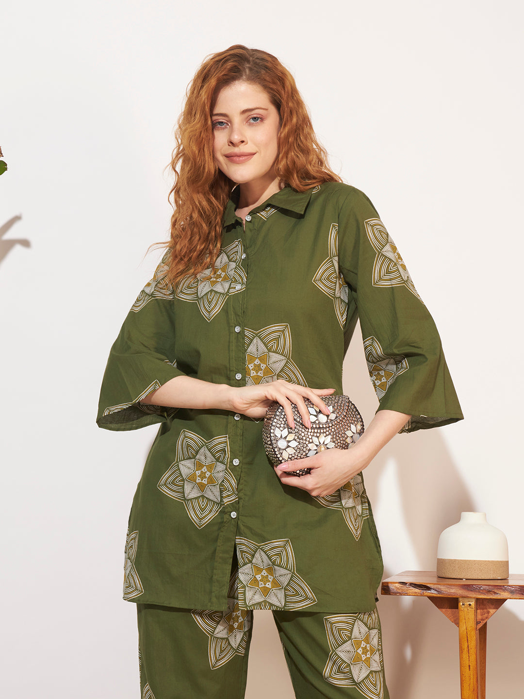 Women’s Olive Green Printed Shirt Style Co-Ord Set