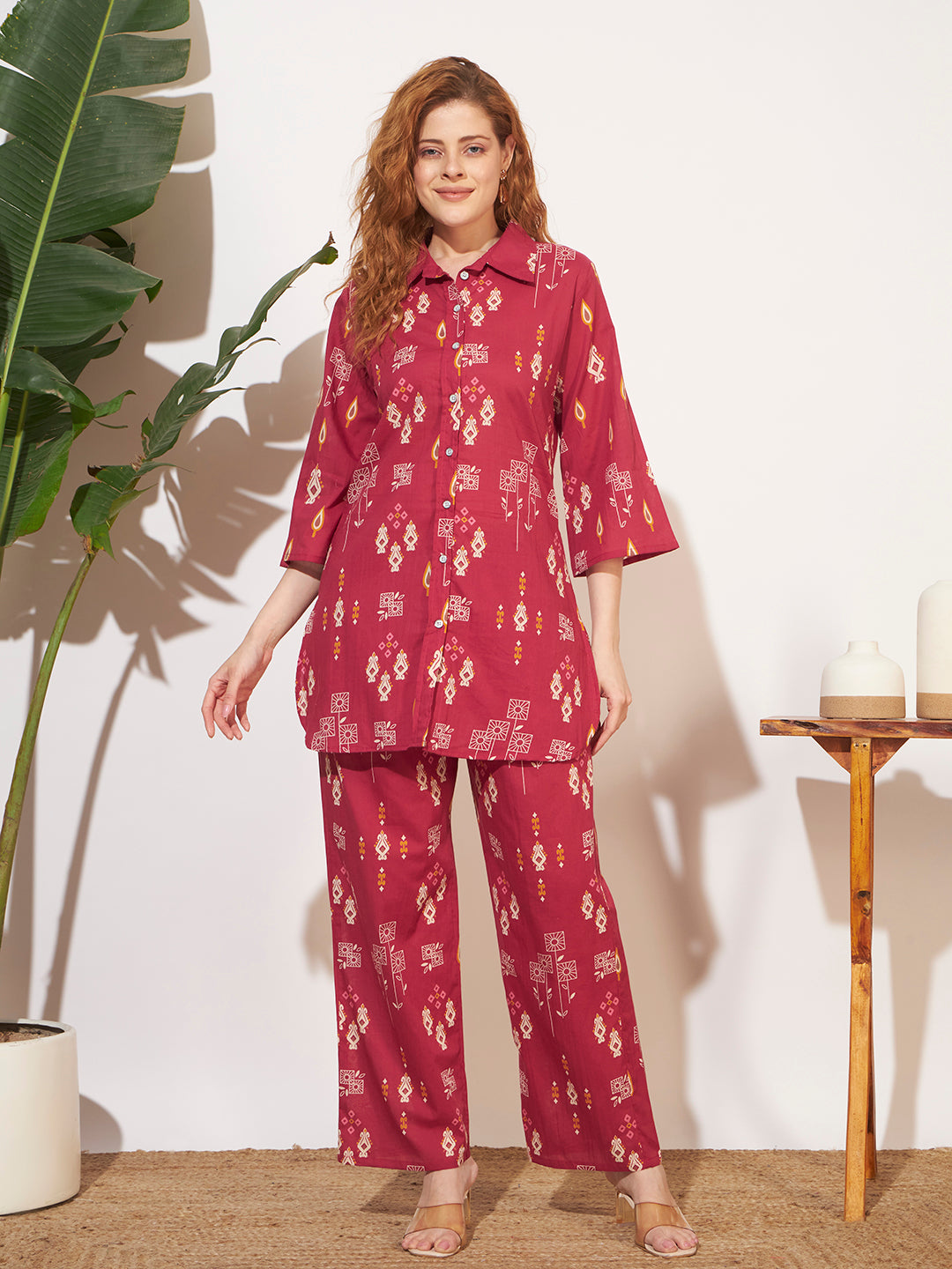 Women’s Maroon Ethnic Print Shirt Style Co-Ord Set