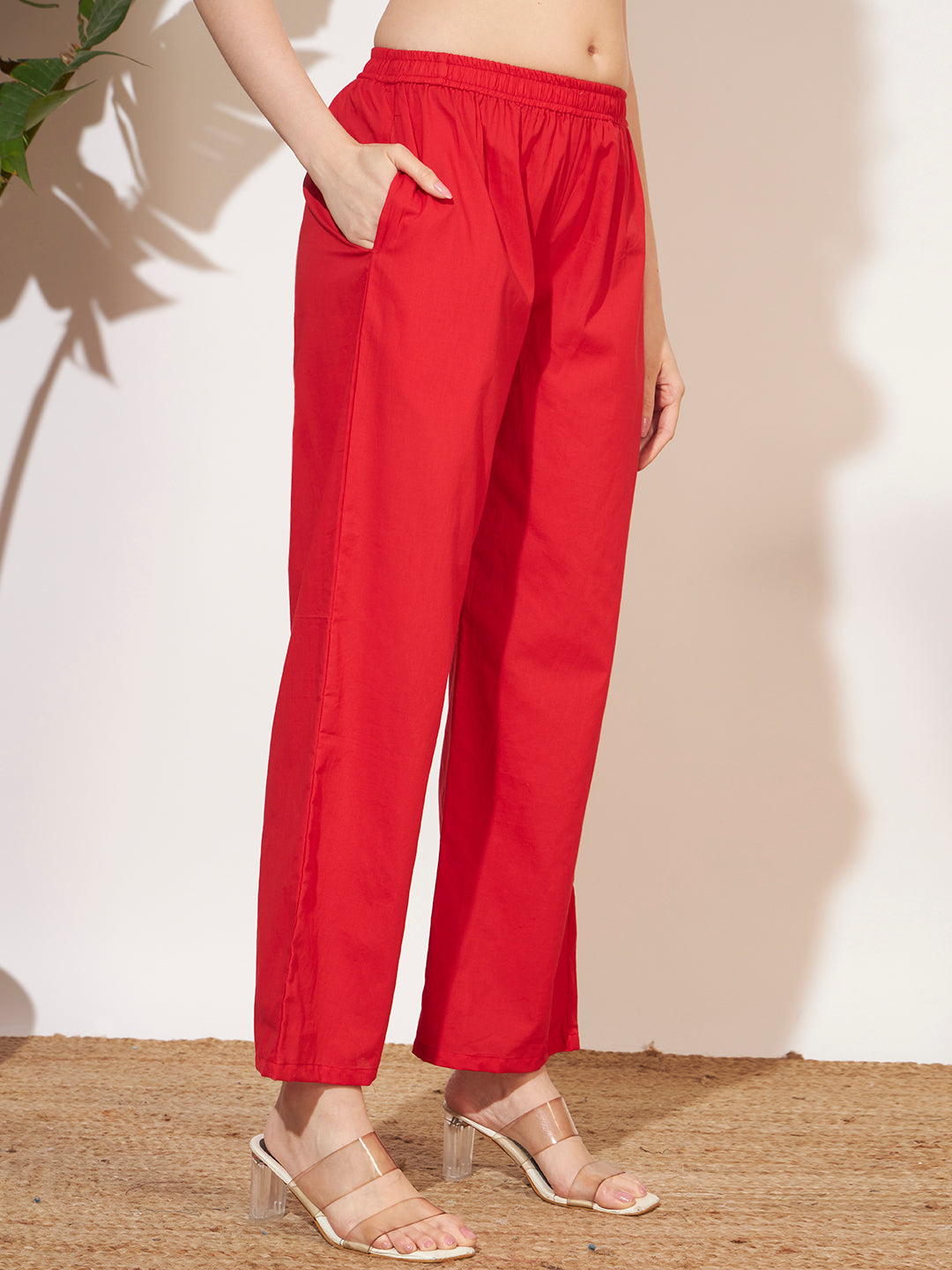 Women’s Floral Print Shirt Style Co-Ord Set with Red Pants