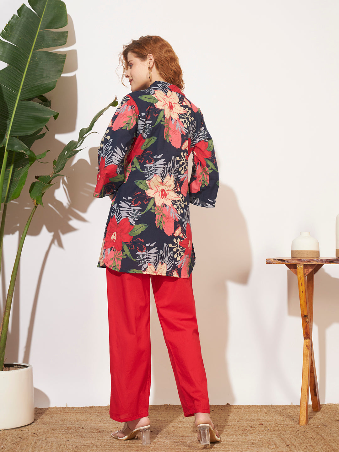 Women’s Floral Print Shirt Style Co-Ord Set with Red Pants