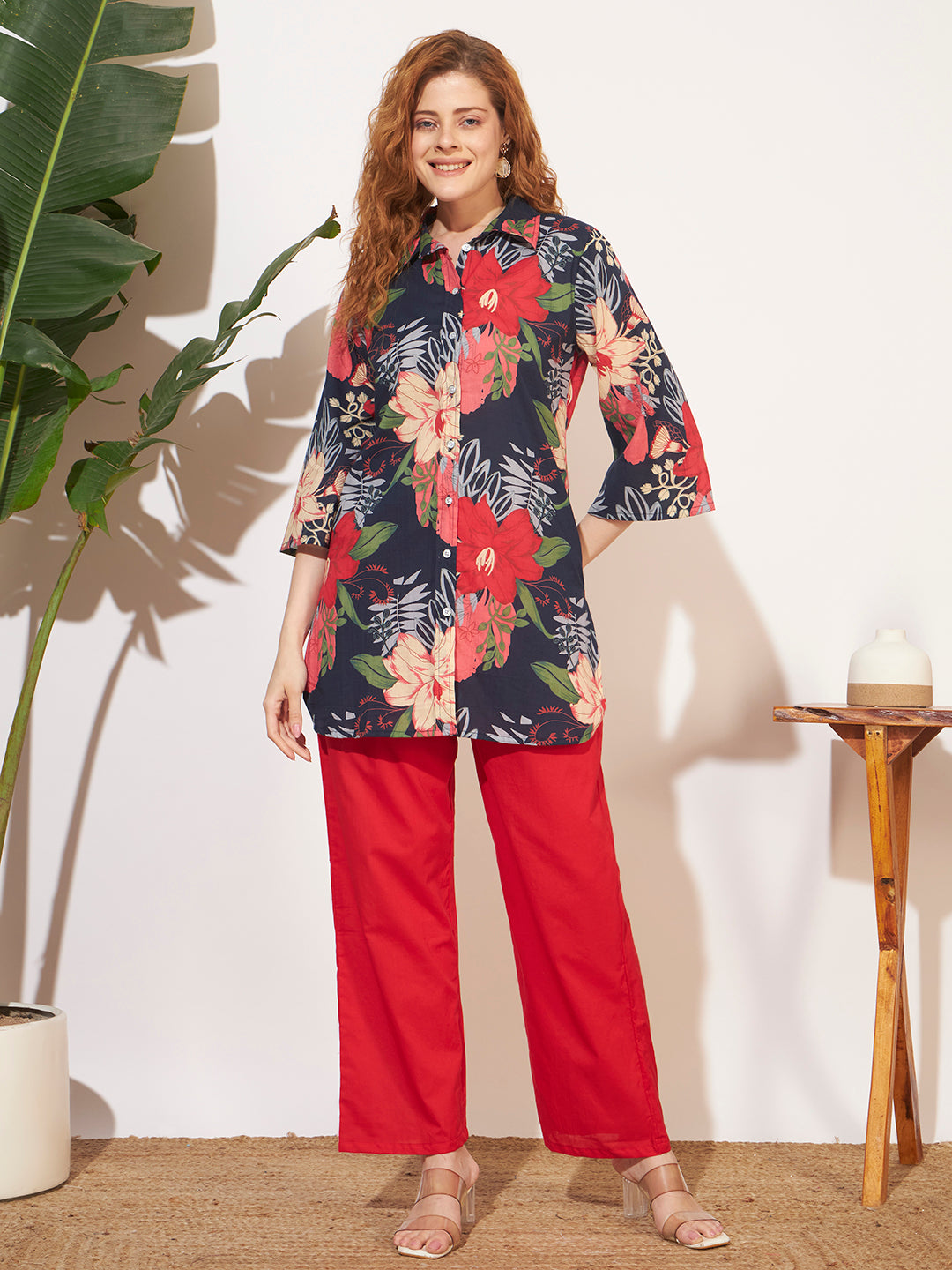 Women’s Floral Print Shirt Style Co-Ord Set with Red Pants
