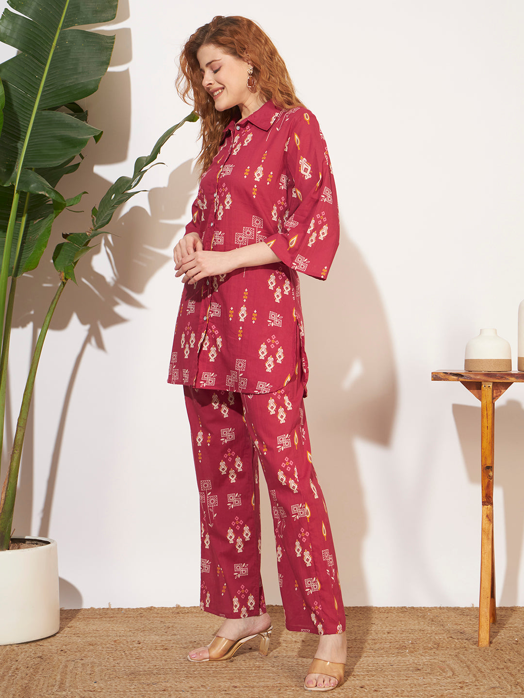 Women’s Maroon Ethnic Print Shirt Style Co-Ord Set