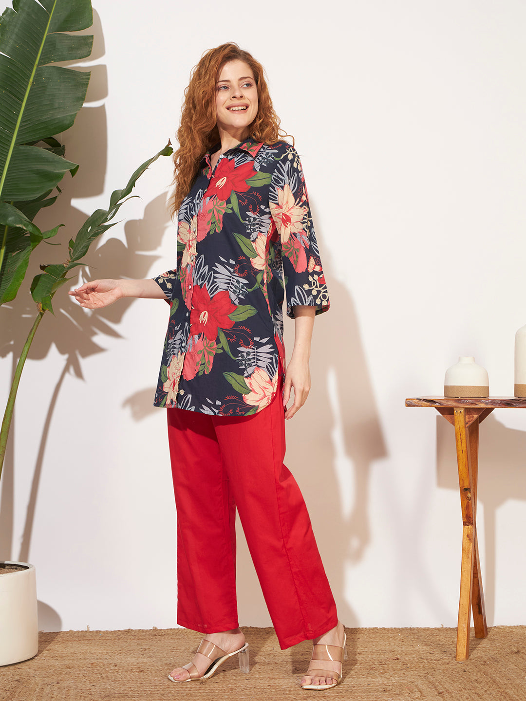 Women’s Floral Print Shirt Style Co-Ord Set with Red Pants