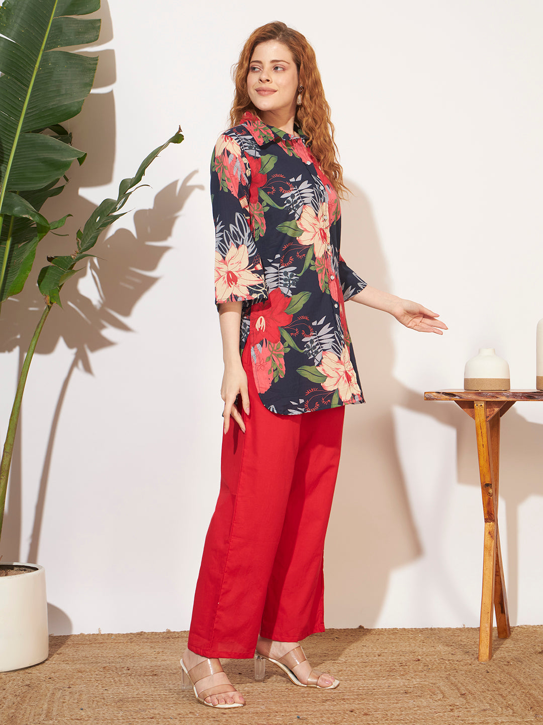Women’s Floral Print Shirt Style Co-Ord Set with Red Pants
