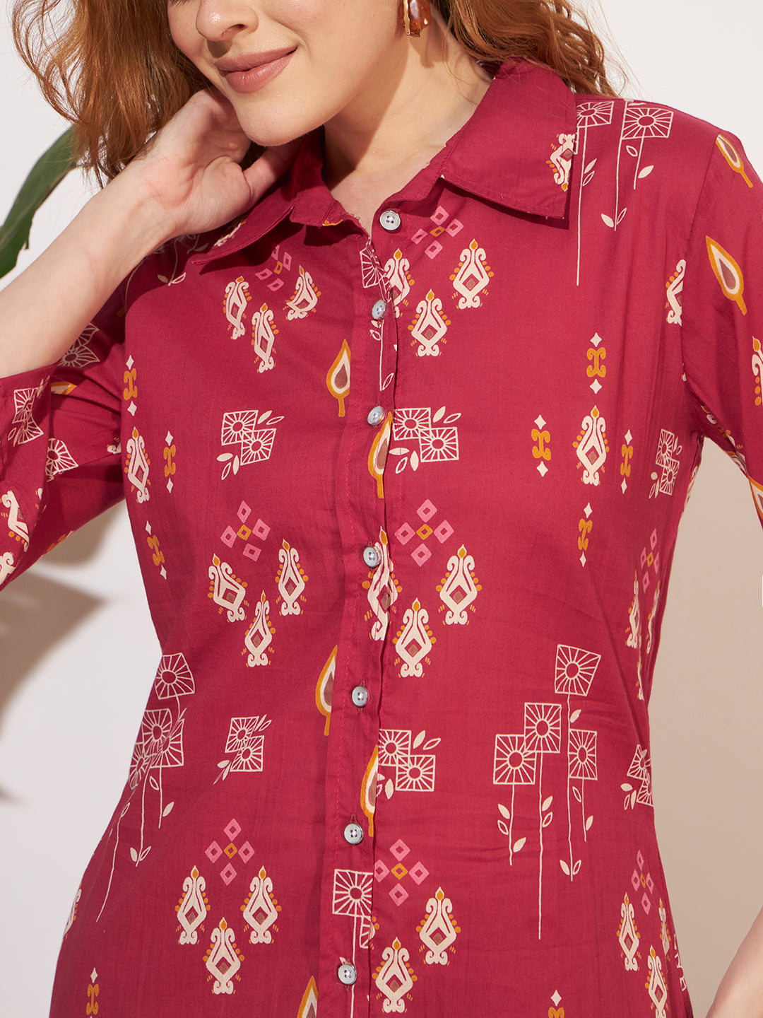 Women’s Maroon Ethnic Print Shirt Style Co-Ord Set
