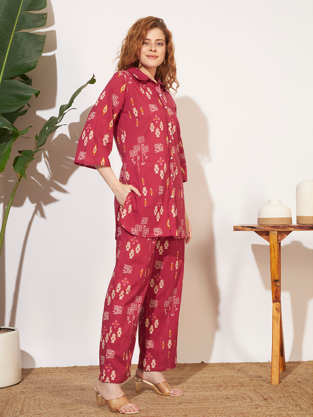 Women’s Maroon Ethnic Print Shirt Style Co-Ord Set