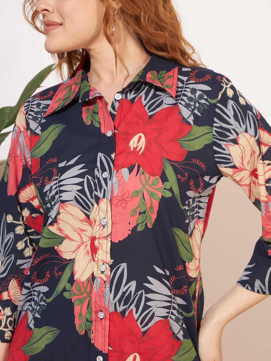 Women’s Floral Print Shirt Style Co-Ord Set with Red Pants