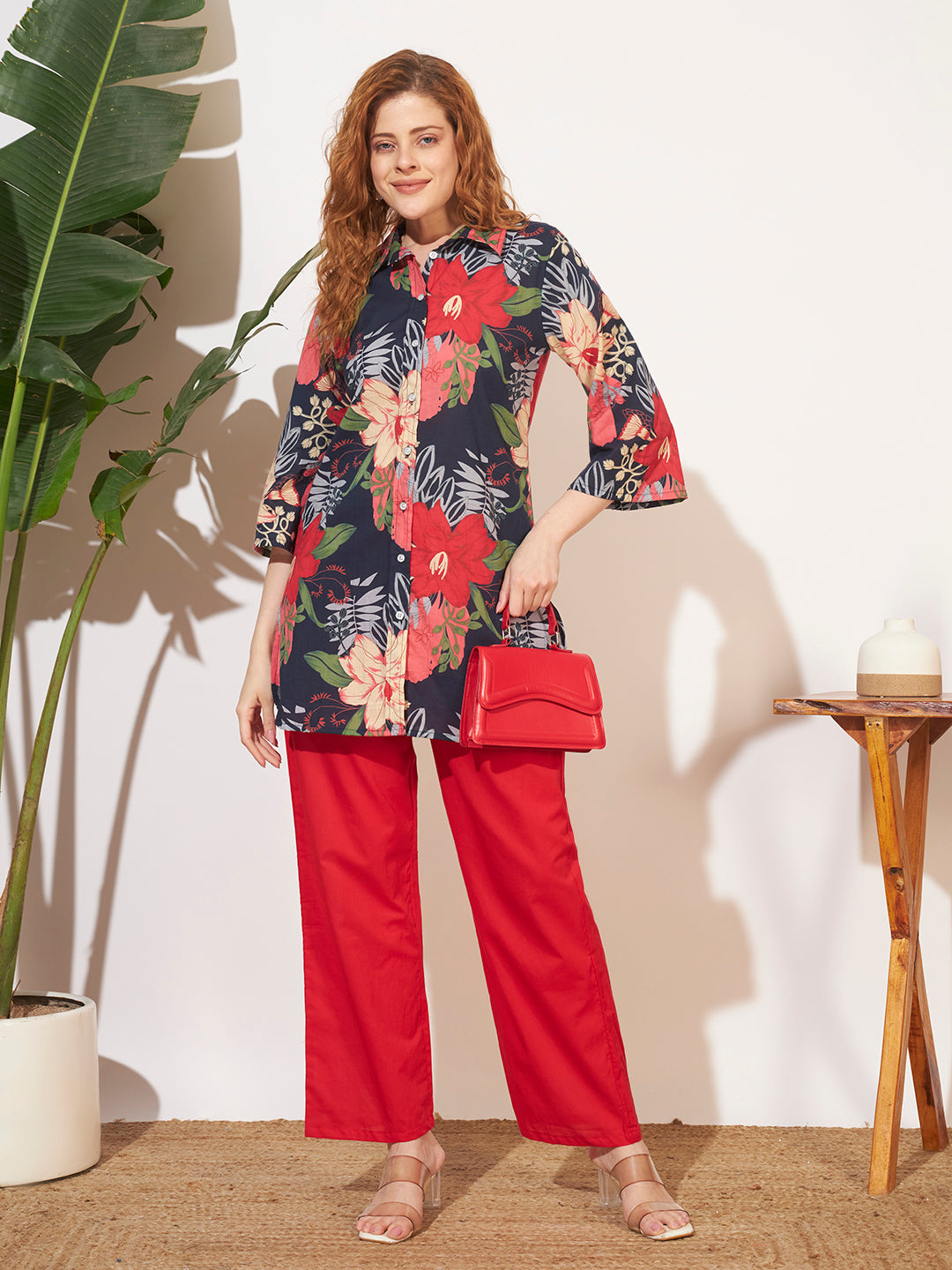 Women’s Floral Print Shirt Style Co-Ord Set with Red Pants