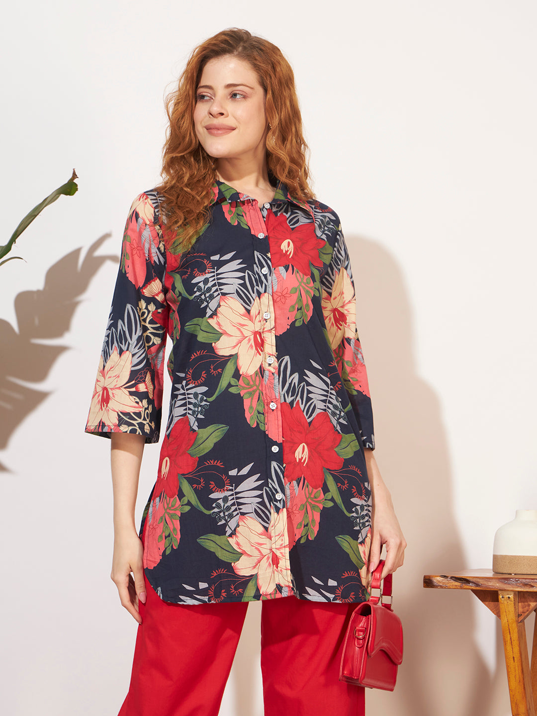 Women’s Floral Print Shirt Style Co-Ord Set with Red Pants
