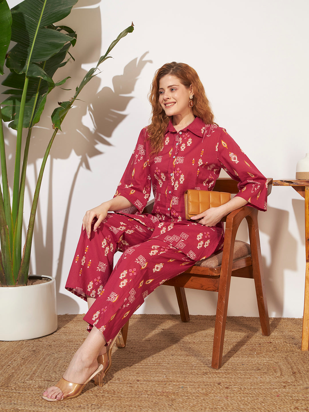 Women’s Maroon Ethnic Print Shirt Style Co-Ord Set