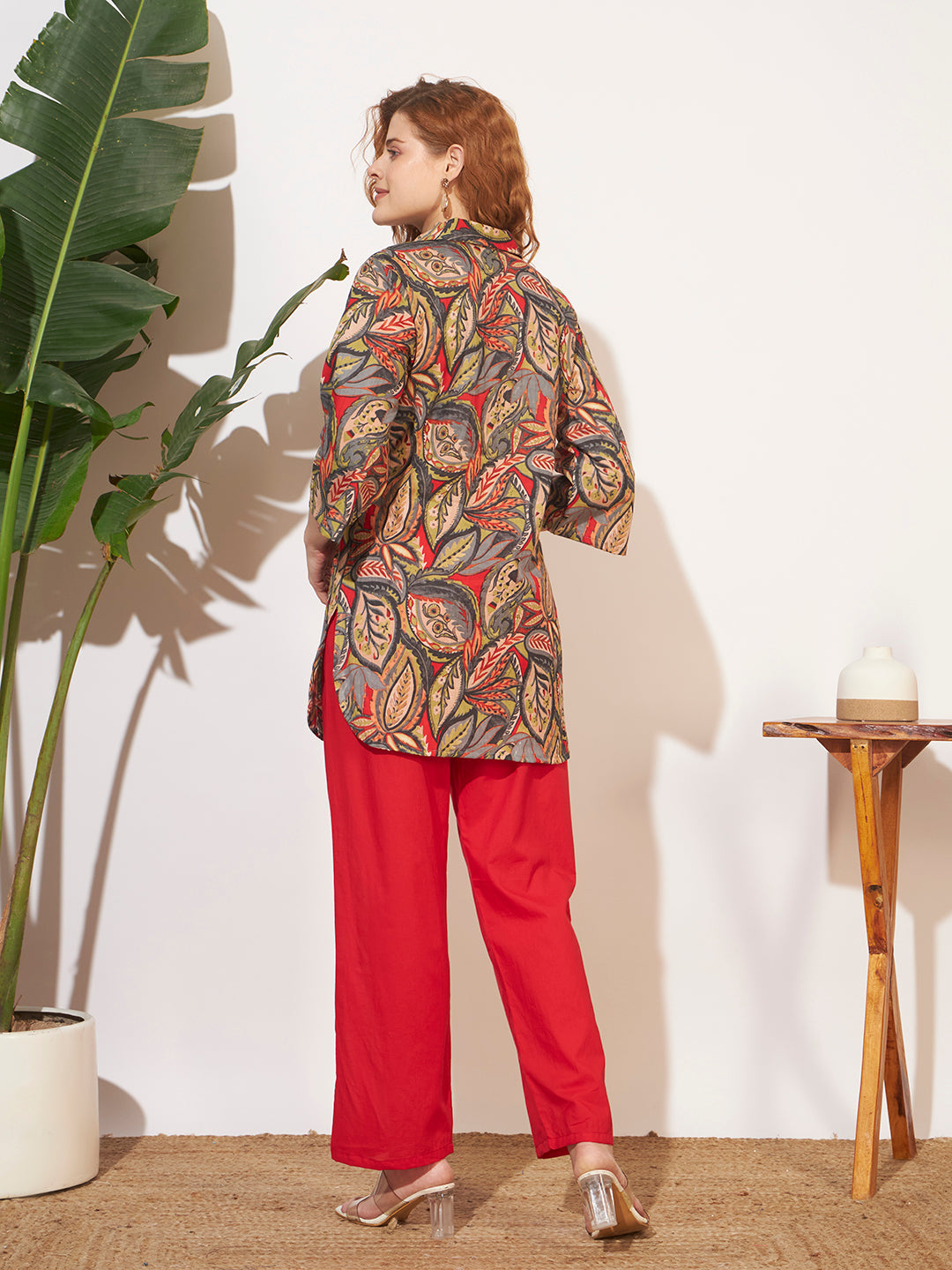Women’s Red Leaf Printed Shirt Style Co-Ord Set