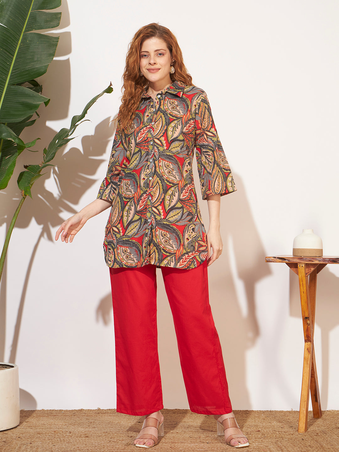 Women’s Red Leaf Printed Shirt Style Co-Ord Set